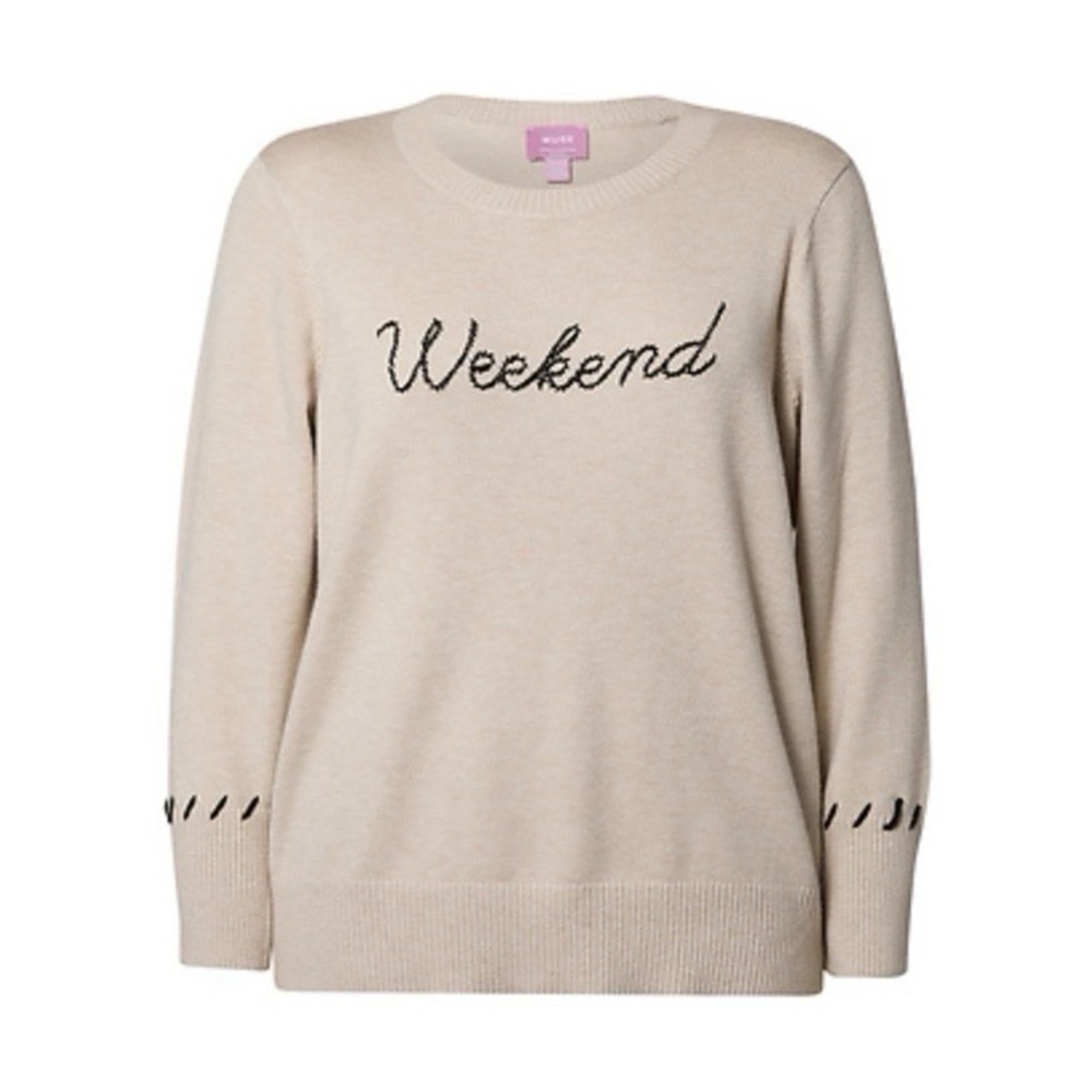 Muse Beige Sweater Black Stitching "WEEKEND"Graphic Women's Sz 1X $88